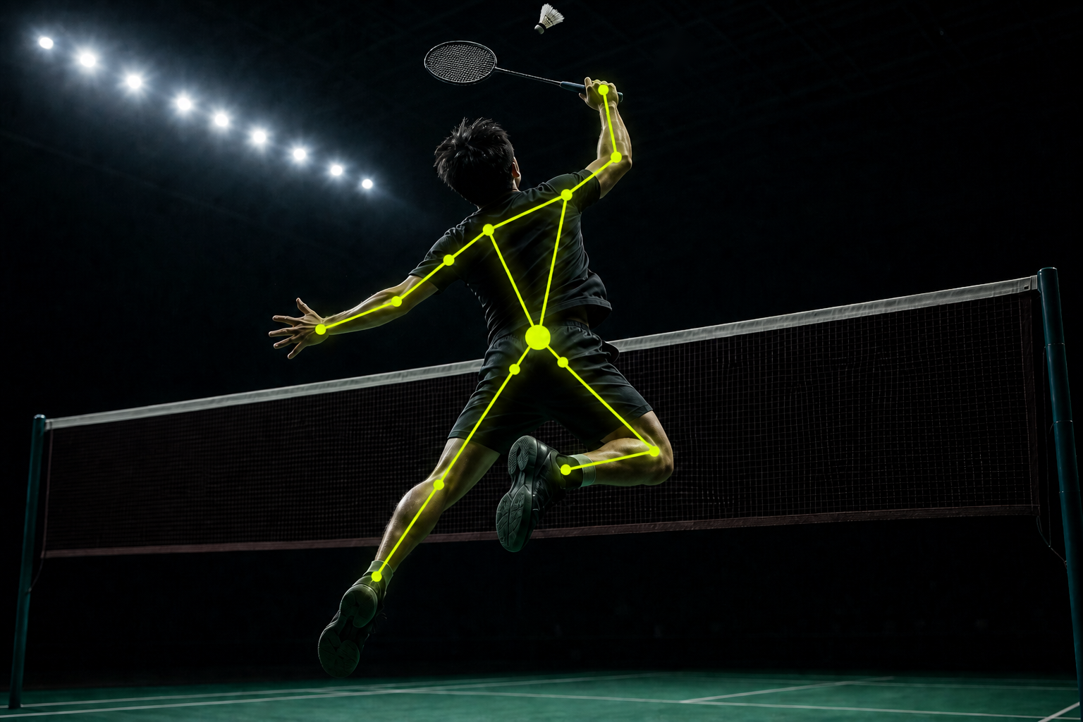 Deidentified badminton player jumping toward the net, with pose-tracking overlay